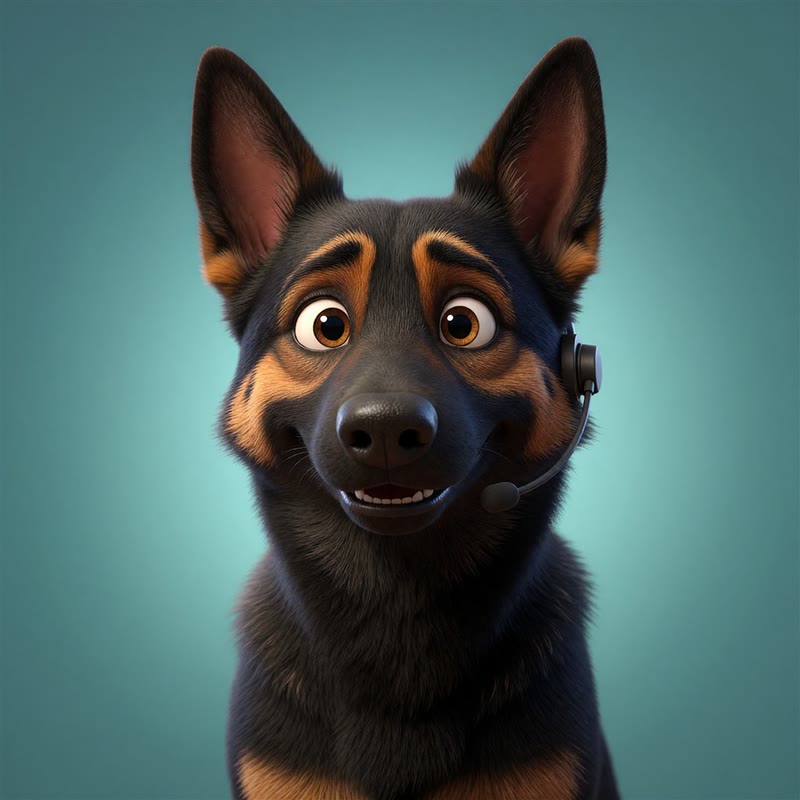 Juno, a 3D cartoon German Shepherd, the studio boss