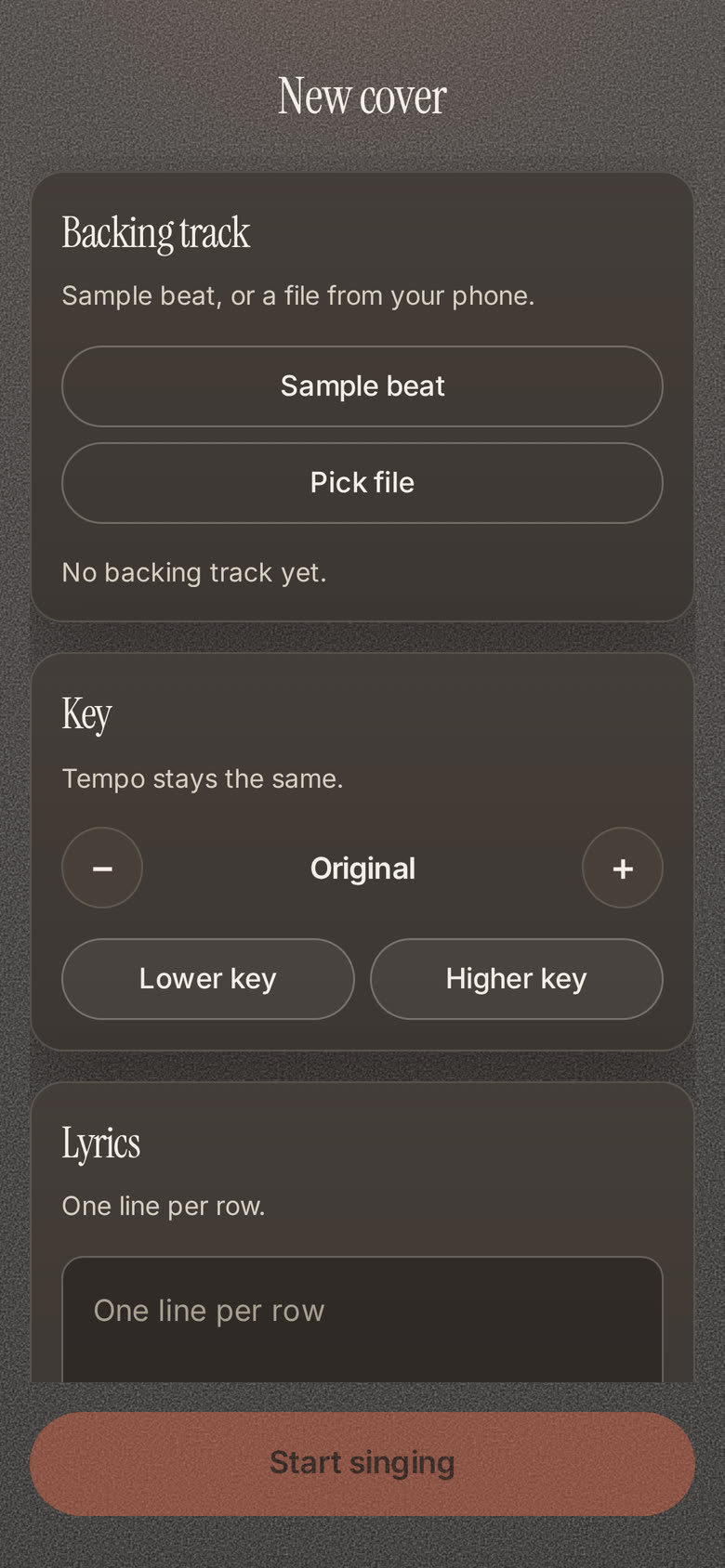 The Coverly app on a phone, showing the screen where you set up a new cover song with a backing track